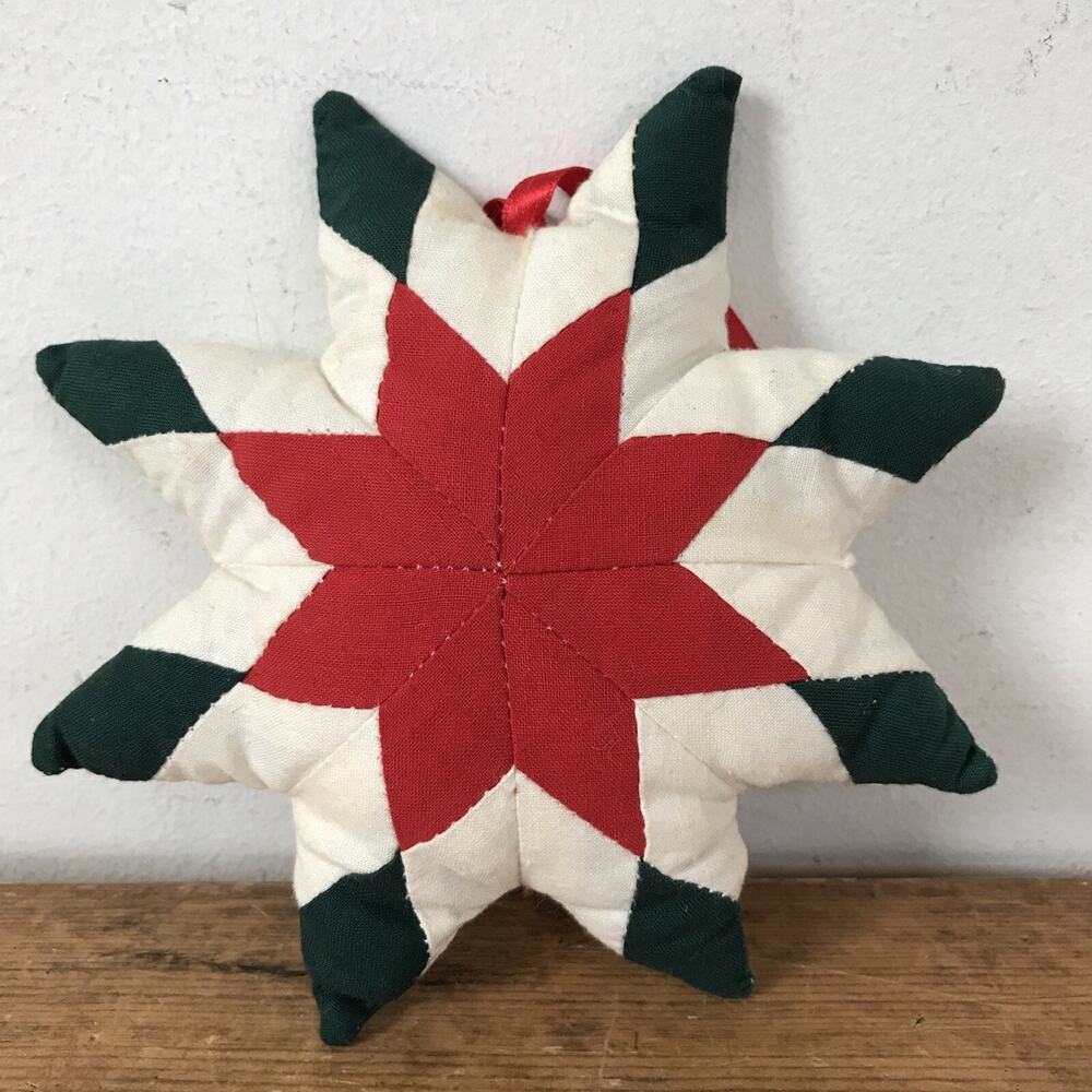 Vtg Quilt Star Handsewn Red Green White Snowflake Christmas Holiday Decoration